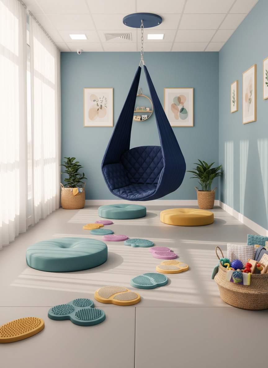 A cozy sensory integration therapy corner in a pediatric clinic, completely empty of people, featuring a suspended navy-blue therapy swing with soft quilted padding, hanging from a sturdy ceiling mount. Around it lie large foam balance cushions in muted teal and mustard, a tactile stepping stone path, and a basket filled with textured sensory toys such as spiky balls and soft fabric squares. The floor is covered with a thick, light-gray mat for safety. Warm, diffused daylight enters from a side window, creating a serene, evenly lit space with minimal shadows. Photographic realism at a slightly elevated angle, showing the entire corner. The mood is secure, nurturing, and focused on a child’s calm, gradual development through sensory play.
