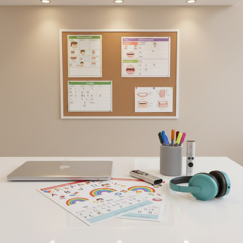 A professional yet child-friendly therapist’s desk in a logopedic practice, with no humans present, showcasing the diagnostic side of children’s speech therapy. On a matte white desk surface sit a closed silver laptop, a stack of printed assessment forms with colorful phoneme charts, a pair of noise-cancelling headphones, and a slim digital voice recorder. A soft gray pen holder contains neatly arranged pens and highlighters. Behind the desk, a cork board on a light beige wall displays pinned visual schedules and simple illustrated mouth-position diagrams. Soft, warm ceiling lighting creates an even, welcoming glow, with gentle reflections on the laptop and recorder. Photographic realism, eye-level composition with sharp focus throughout, evokes trust, expertise, and careful documentation in a modern therapy office.