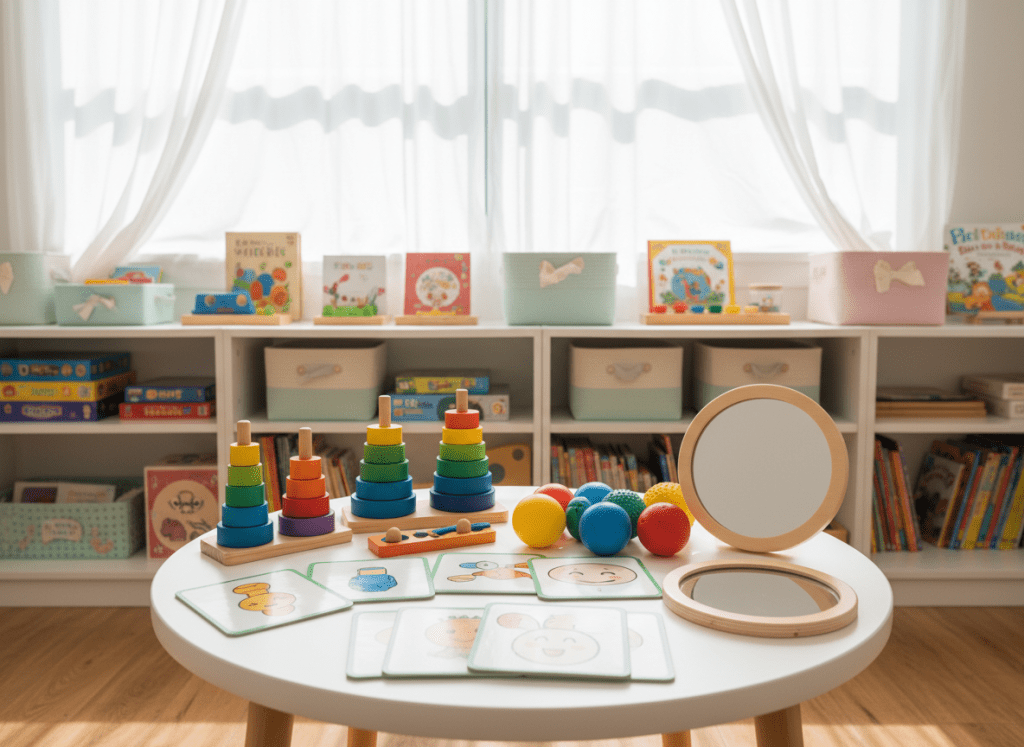 A bright, child-friendly speech therapy room designed without any people, featuring a low white table with colorful wooden speech therapy tools neatly arranged: picture cards with simple illustrations, a rainbow stacking tower, textured sensory balls, and a mirror with a soft rounded frame. In the background, built-in shelves display neatly ordered board games, fabric baskets, and illustrated storybooks. Soft natural daylight flows in from a large window with sheer curtains, creating a gentle, welcoming glow and soft shadows. Photographic realism, shot at eye level with a slight depth of field so the table is in sharp focus and the shelves subtly blurred. The mood is calm, professional, and reassuring, conveying specialized yet warm logopedic care for children.