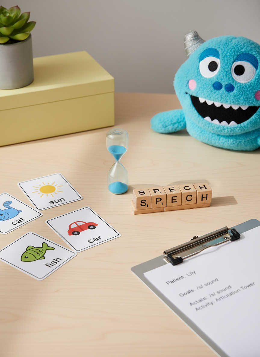 A close-up, photographic image of a carefully organized set of child speech therapy materials laid out on a pale birch desk, with no people present. There are laminated articulation cards with clear, simple drawings, a small hourglass timer with blue sand, smooth wooden letter tiles, a soft plush puppet resting to the side, and a clipboard with neatly printed therapy notes. In the background, slightly out of focus, stands a potted green plant and a pastel-colored storage box. Soft studio lighting from the left creates gentle highlights on the laminated surfaces and subtle shadows, giving a clean, modern, professional atmosphere. The composition uses a rule-of-thirds layout, creating an inviting yet expert feel suitable for a children’s speech therapy practice.