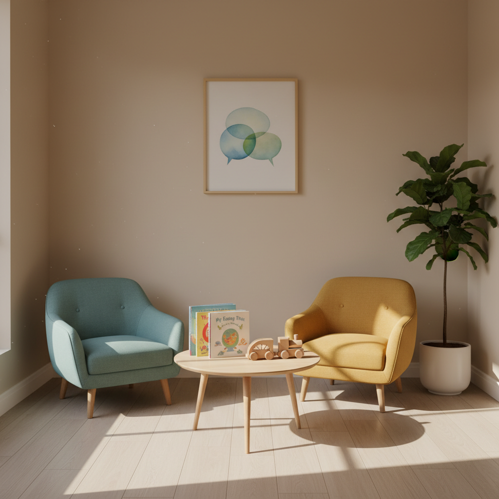 A calm, inviting waiting area of a pediatric speech therapy clinic, completely empty of people, featuring two low, upholstered armchairs in muted teal and mustard facing a small round wooden table. On the table lies a neatly arranged selection of children’s books about emotions and communication, alongside a small wooden toy train. A tall plant in a simple white pot stands in the corner, adding natural texture. The walls are light, warm beige with a single framed illustration of playful, abstract speech bubbles. Soft morning light filters in from an off-frame window, creating delicate shadows and a cozy atmosphere. Photographic realism, wide-angle shot capturing the whole nook, with clean, modern lines that reflect a professional yet deeply empathetic pediatric therapy space.