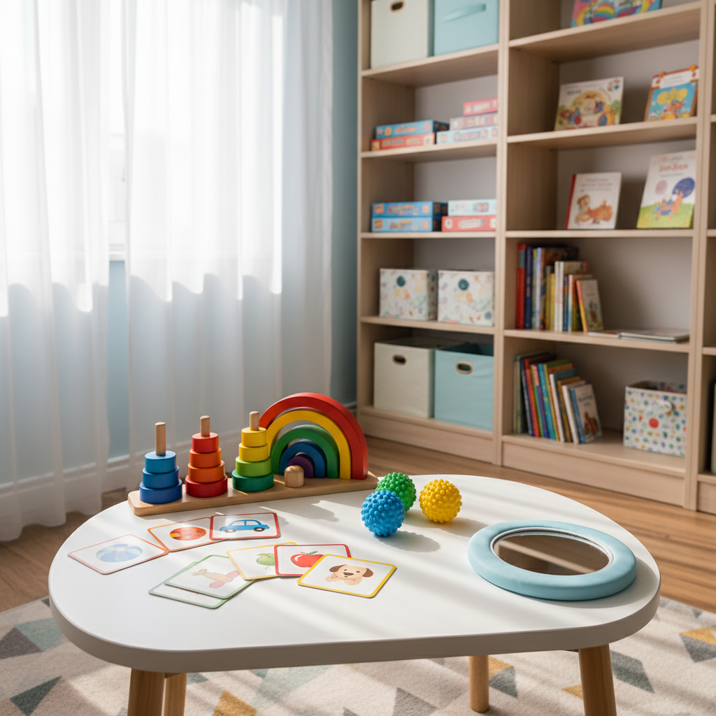 A bright, child-friendly speech therapy room designed without any people, featuring a low white table with colorful wooden speech therapy tools neatly arranged: picture cards with simple illustrations, a rainbow stacking tower, textured sensory balls, and a mirror with a soft rounded frame. In the background, built-in shelves display neatly ordered board games, fabric baskets, and illustrated storybooks. Soft natural daylight flows in from a large window with sheer curtains, creating a gentle, welcoming glow and soft shadows. Photographic realism, shot at eye level with a slight depth of field so the table is in sharp focus and the shelves subtly blurred. The mood is calm, professional, and reassuring, conveying specialized yet warm logopedic care for children.