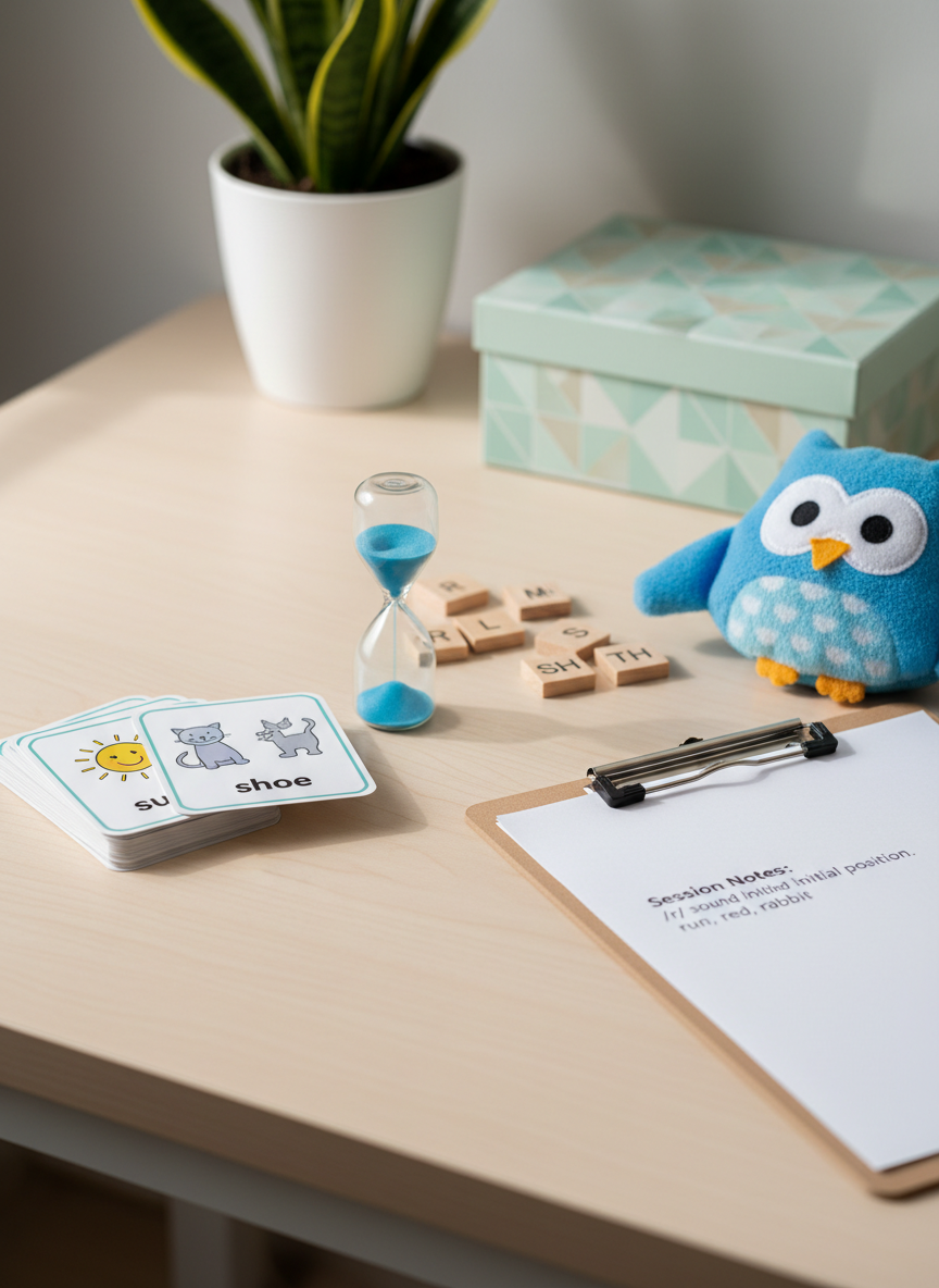 A close-up, photographic image of a carefully organized set of child speech therapy materials laid out on a pale birch desk, with no people present. There are laminated articulation cards with clear, simple drawings, a small hourglass timer with blue sand, smooth wooden letter tiles, a soft plush puppet resting to the side, and a clipboard with neatly printed therapy notes. In the background, slightly out of focus, stands a potted green plant and a pastel-colored storage box. Soft studio lighting from the left creates gentle highlights on the laminated surfaces and subtle shadows, giving a clean, modern, professional atmosphere. The composition uses a rule-of-thirds layout, creating an inviting yet expert feel suitable for a children’s speech therapy practice.