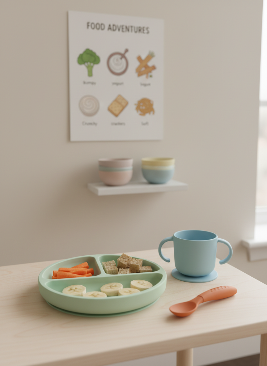 A minimalistic feeding therapy setup on a light wooden child-height table, carefully staged without any people. A small, divided silicone plate in soft pastel green holds neatly arranged bite-sized pieces of carrots, banana, and bread. Beside it rests an open training cup with handles and a short, curved spoon with a non-slip grip. In the background, a neutral wall features a simple illustrated poster of different food textures and a small shelf with neatly stacked pastel bowls. Gentle overcast window light from the right provides soft, even illumination, reducing glare and emphasizing natural colors. Photographic realism with a shallow depth of field keeps the plate and utensils in clear focus while the background softly blurs. The mood is calm, patient, and encouraging for sensitive or selective eaters.